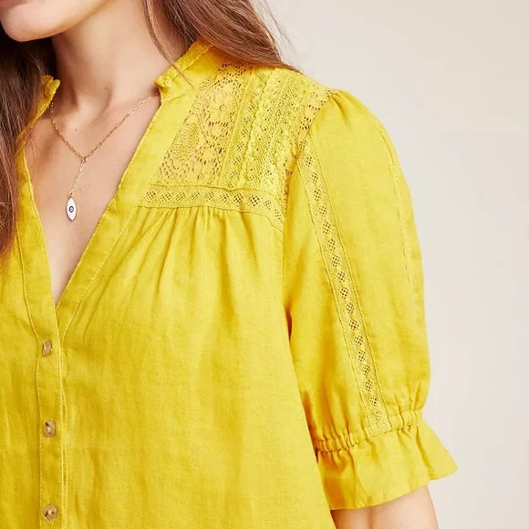 Anthro Maeve Magritte Linen Puff Sleeve Button Font Blouse Size 2 Yellow Gold - Picture 2 of 12
